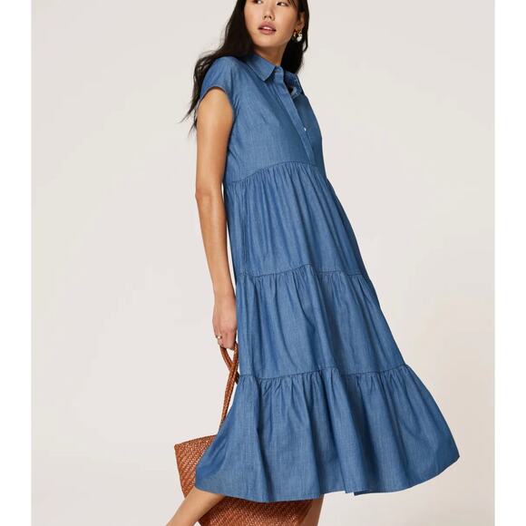 Peter Som Chambray Tiered Ruffle Midi Dress Size 0 Cotton Cottage Western $395 - Picture 1 of 11